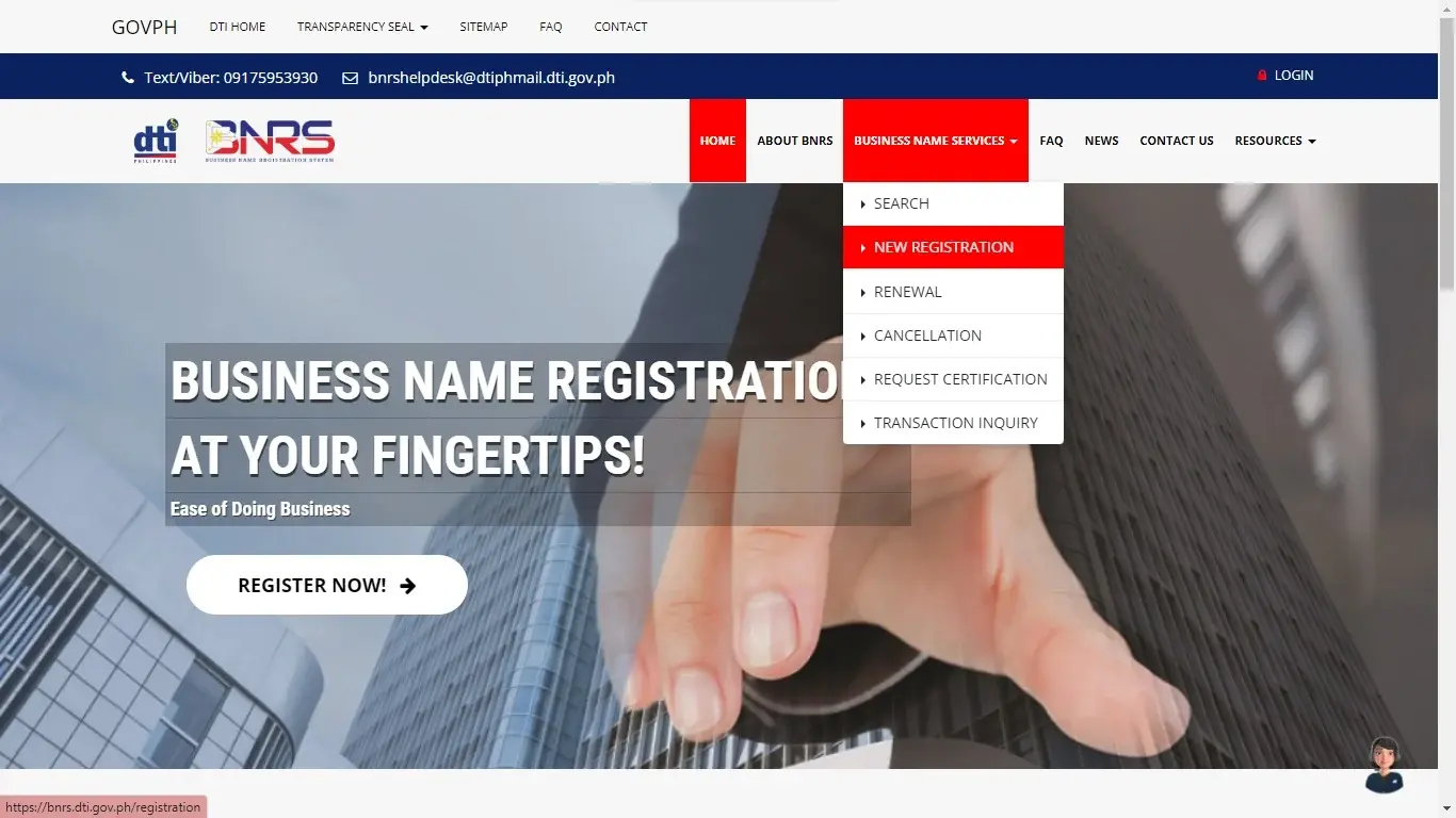 Shows the home page of the Business Name Registration Services, or Philippine BNRS for short.