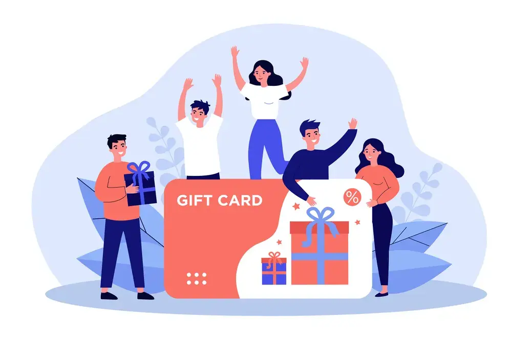 Graphics of a large gift card bringing smiles to customers, emphasizing its impact on customer purchase decisions over competitors.