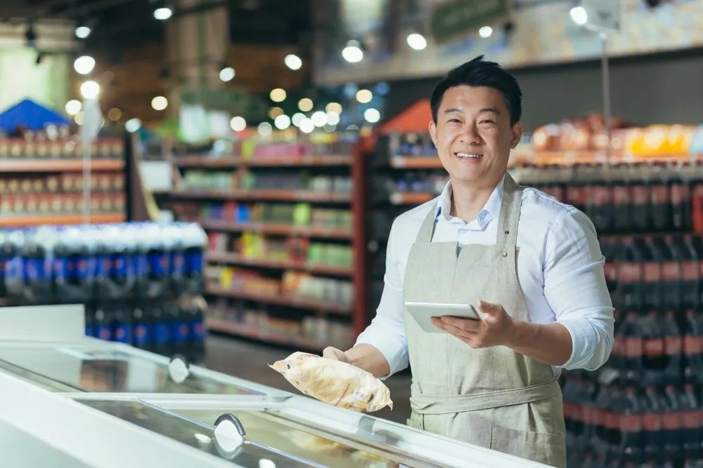 A man doing inventory management rounds in a grocery, ensuring shelves are well-stocked.