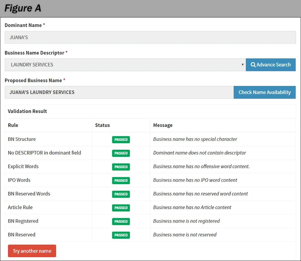 Shows the BNRS page for checking business name availability.