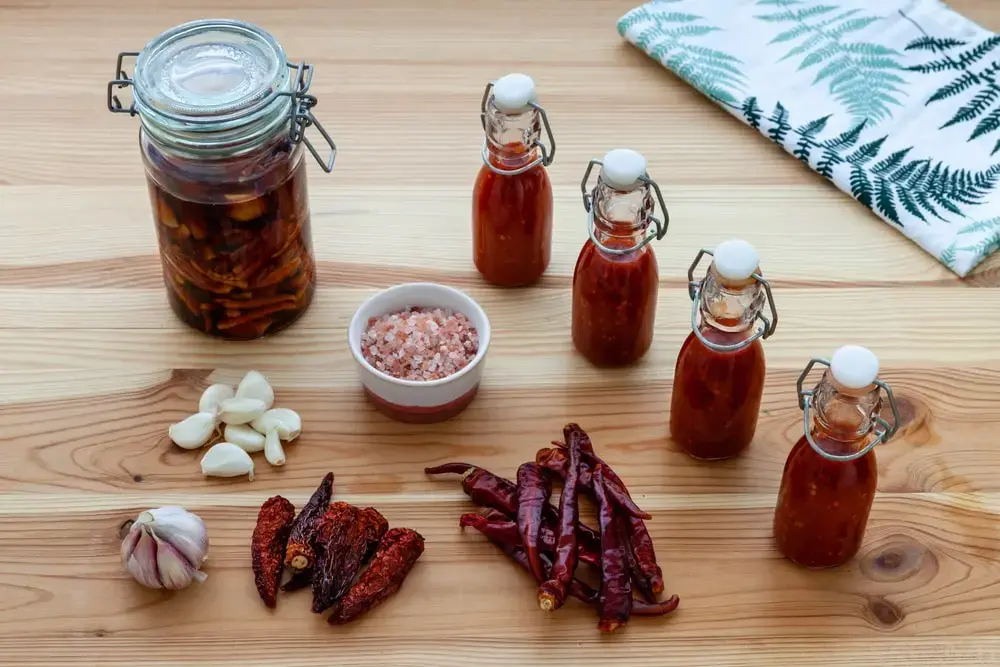 Shows a lineup of different spices and aromatics to be used in sauce-making - a perfect business idea.