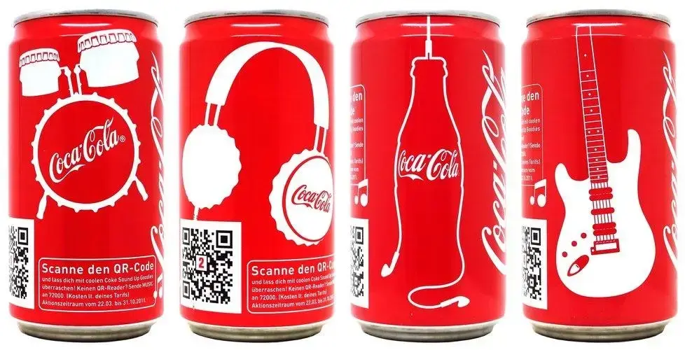 Coke's packaging features a QR code, adding functionality beyond just holding the drink.