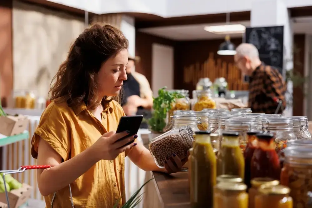 A customer browses shelves in a sustainable food business, checking if products align to the definition.