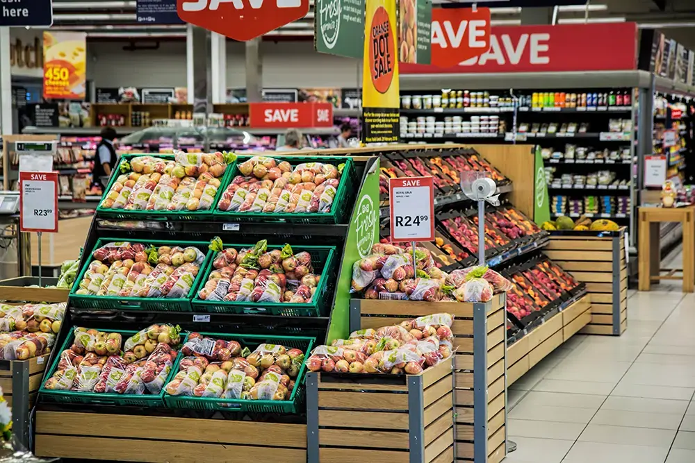 Shows how various products are displayed in a grocery, and how more sustainable packaging may entice customer purchase.