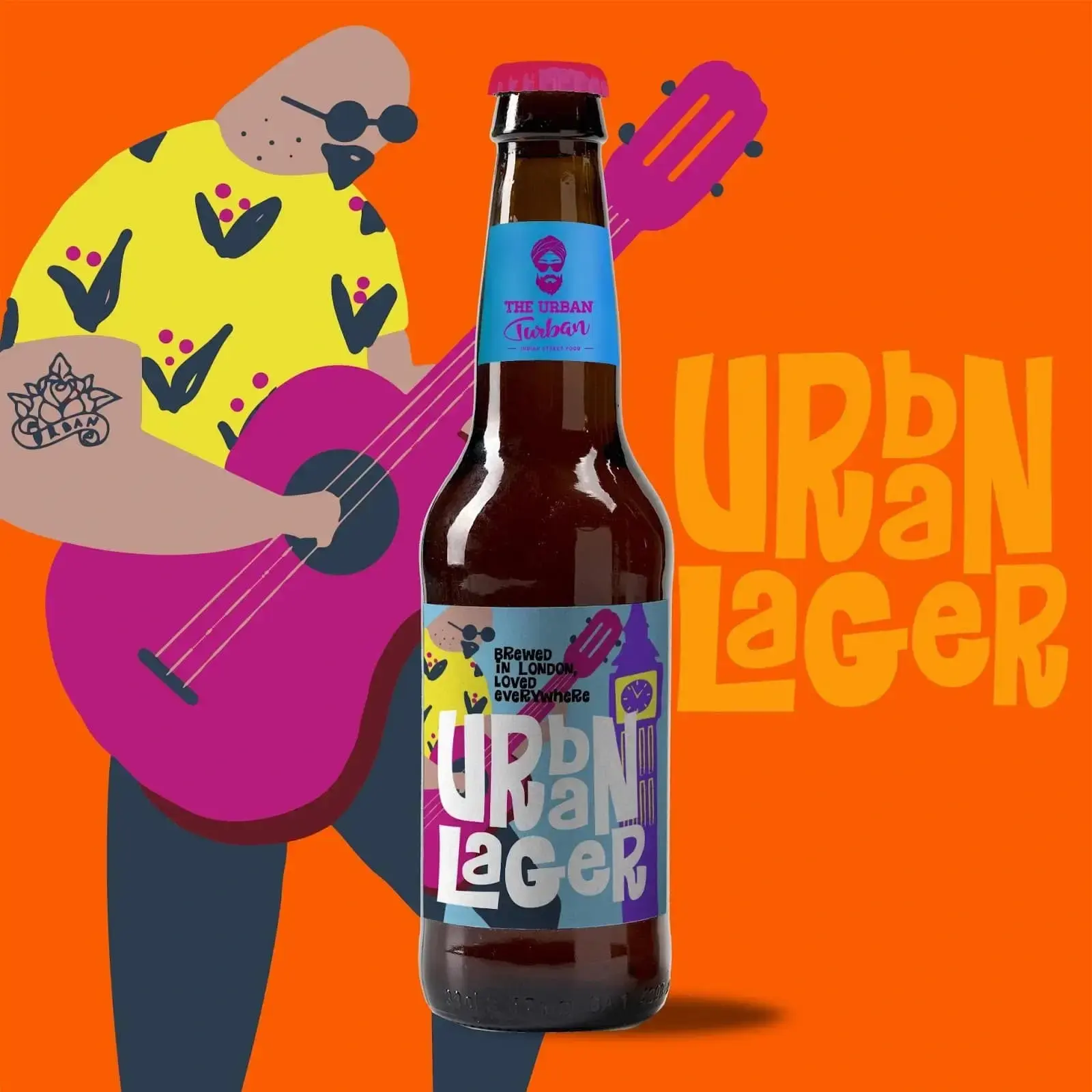 Urban Turban's beer bottle showcases a bald man in a yellow shirt with a pink guitar, reflecting their playful vibe.