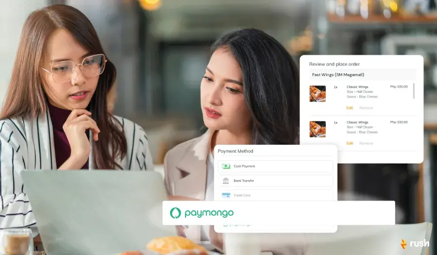 Shows the partnership between RUSH and Paymongo for an affordable eCommerce solution.