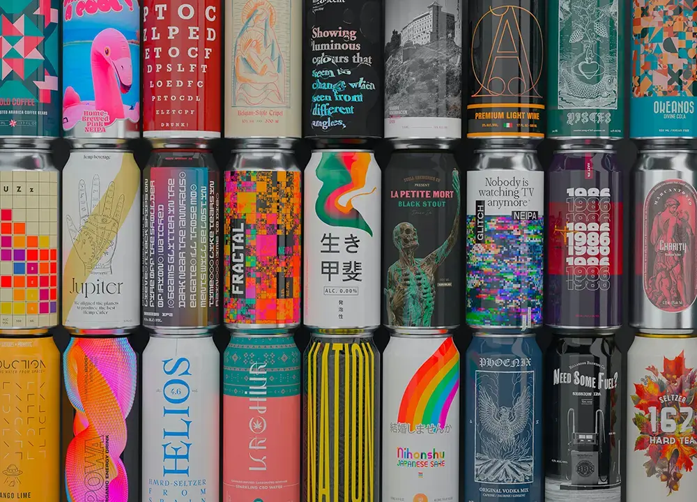 Shows various beverages in unique packaging styles, highlighting the importance of standing out among competitors with the best look.