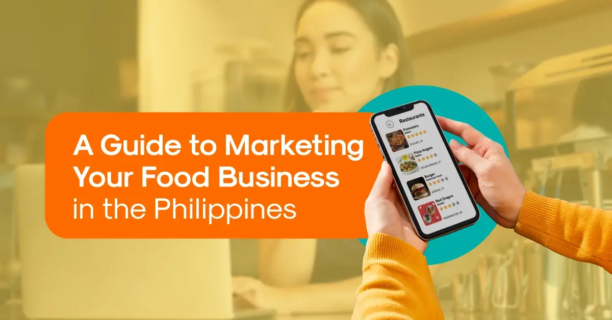 A phone displays a Philippine food business on an eCommerce platform using marketing to boost sales.